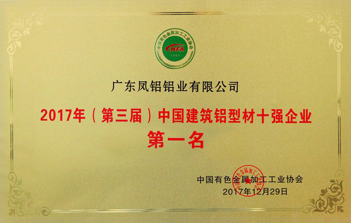 2017年（第三屆）中國建筑鋁型材十強(qiáng)企業(yè)第一名